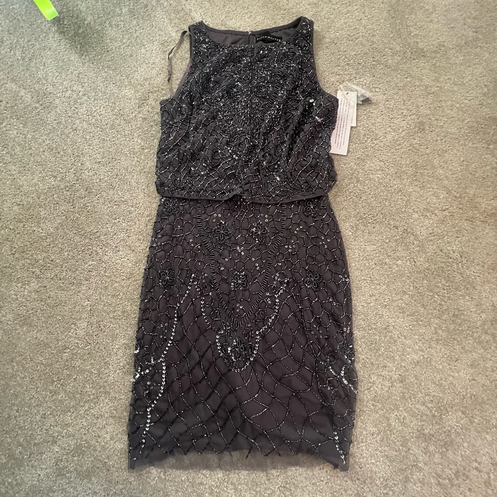 Aidan Mattox Sleeveless Beaded Popover Cocktail Dress, Dark Grey
